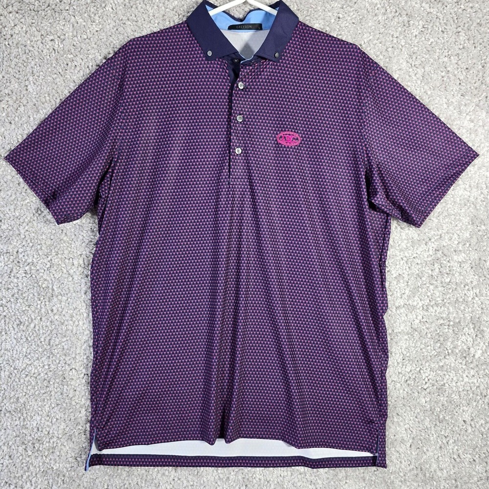 Greyson Mens Golf Polo‎ Shirt Purple Pattern Stretch Performance Size Large Logo